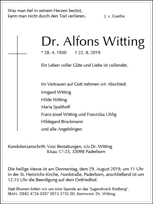 Erinnerungsbild für Dr. Alfons Witting