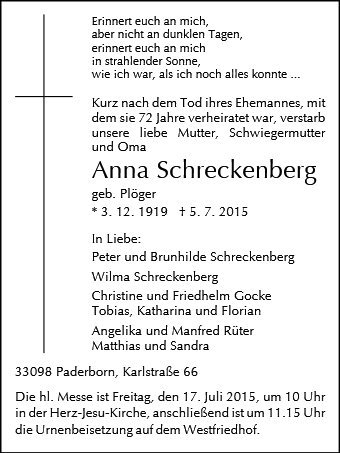 Erinnerungsbild für Anna Schreckenberg