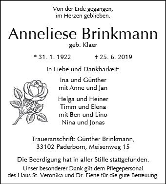 Erinnerungsbild für Anneliese Brinkmann