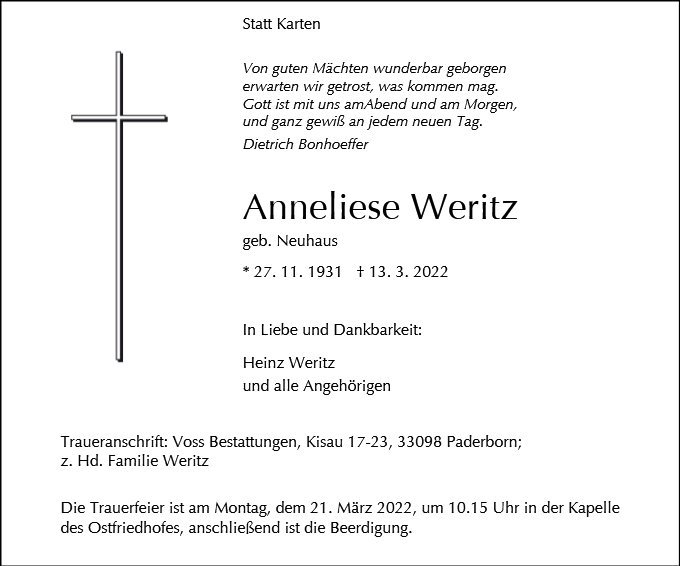Erinnerungsbild für Anneliese Weritz