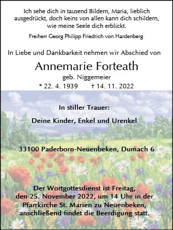 Erinnerungsbild für Annemarie Forteath