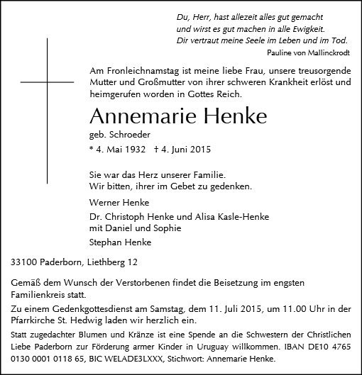 Erinnerungsbild für Annemarie Henke