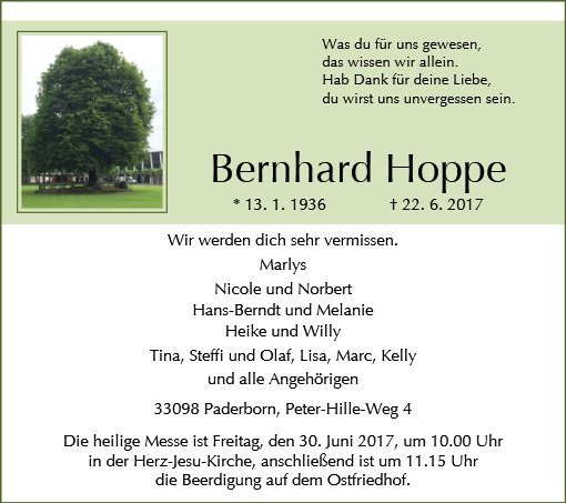 Erinnerungsbild für Bernhard Hoppe