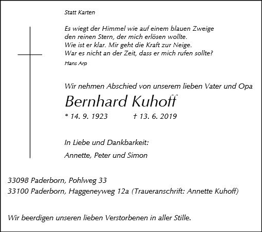 Erinnerungsbild für Bernhard Kuhoff