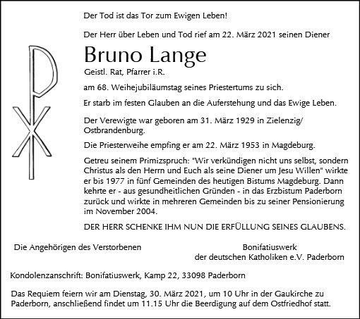Erinnerungsbild für Pfarrer Bruno Lange