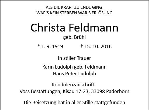 Erinnerungsbild für Christa Feldmann