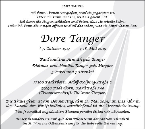 Erinnerungsbild für Dore Tanger