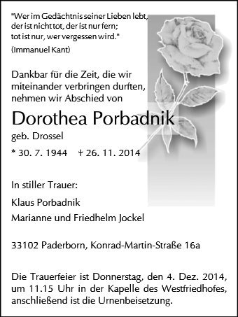 Erinnerungsbild für Dorothea Porbadnik