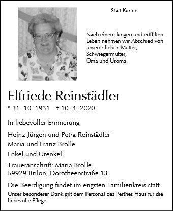 Erinnerungsbild für Elfriede Reinstädler