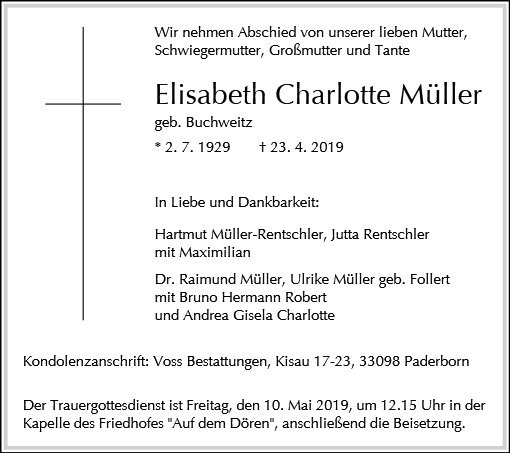 Erinnerungsbild für Elisabeth Charlotte Müller