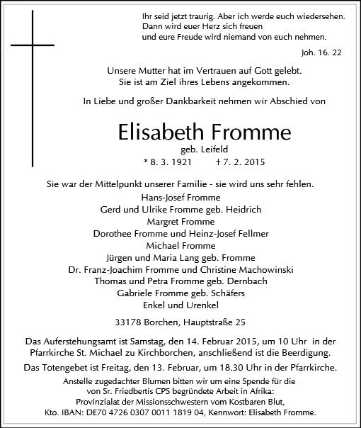 Erinnerungsbild für Elisabeth Fromme