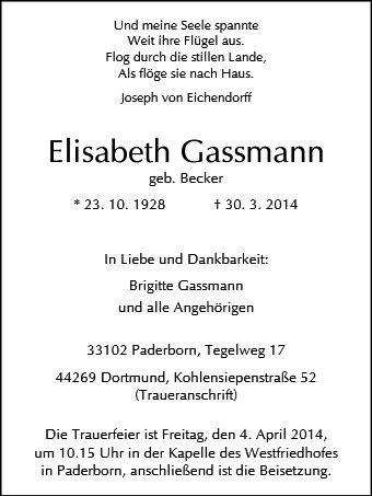 Erinnerungsbild für Elisabeth Gassmann