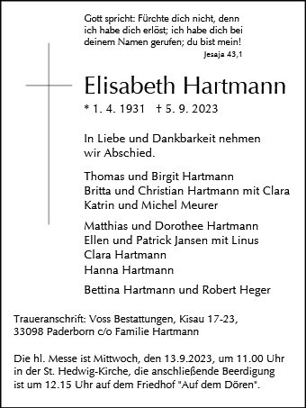 Erinnerungsbild für Elisabeth Hartmann