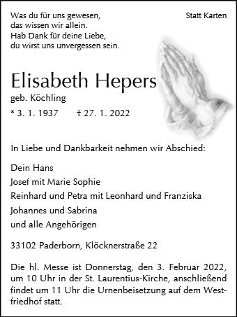 Erinnerungsbild für Elisabeth Hepers
