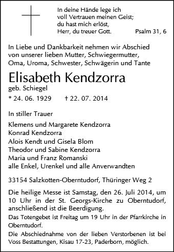 Erinnerungsbild für Elisabeth Kendzorra