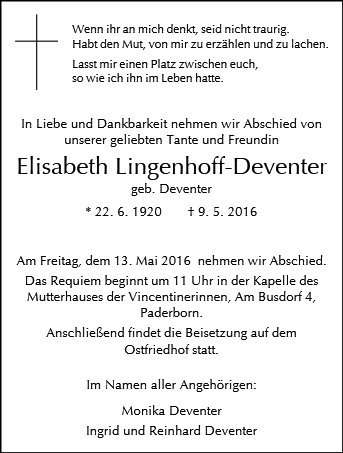 Erinnerungsbild für Elisabeth Lingenhoff-Deventer