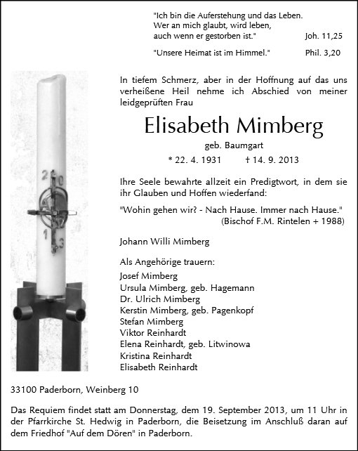 Erinnerungsbild für Elisabeth Mimberg