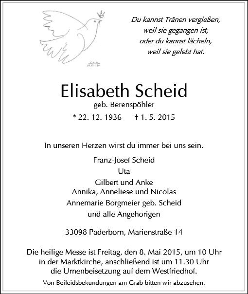 Erinnerungsbild für Elisabeth Scheid