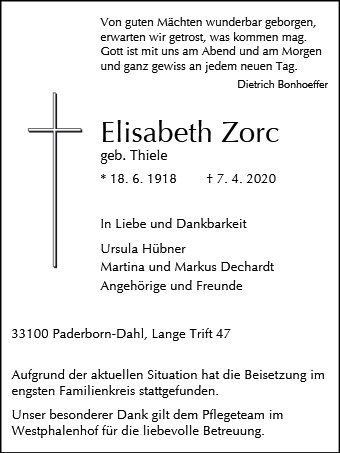 Erinnerungsbild für Elisabeth Zorc