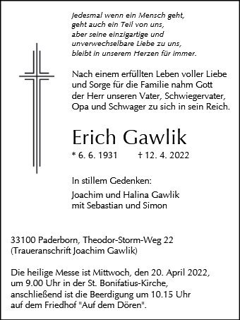 Erinnerungsbild für Erich Gawlik