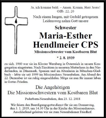 Erinnerungsbild für Sr. Maria Esther Hendlmeier
