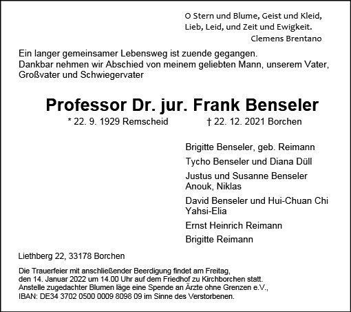 Erinnerungsbild für Prof. Dr. jur. Frank Benseler