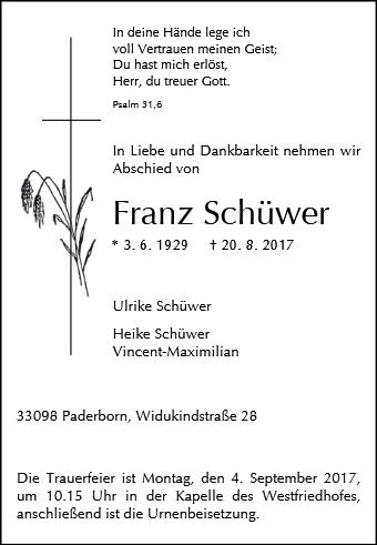Erinnerungsbild für Franz Schüwer