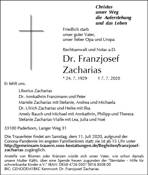 Erinnerungsbild für Dr. Franzjosef Zacharias