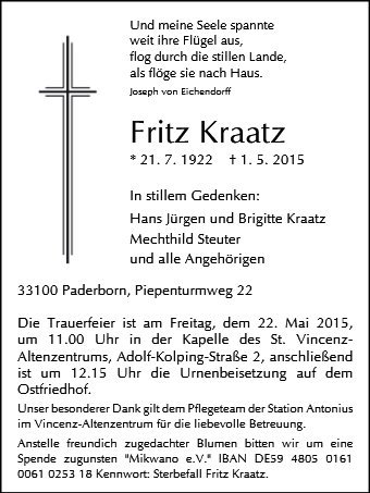 Erinnerungsbild für Fritz Kraatz