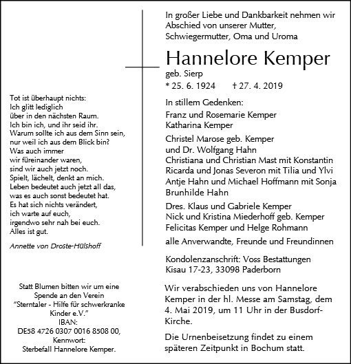 Erinnerungsbild für Hannelore Kemper