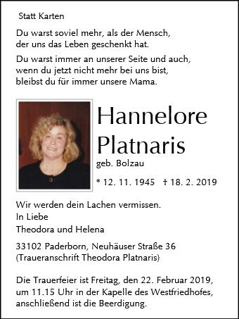 Erinnerungsbild für Hannelore Platnaris