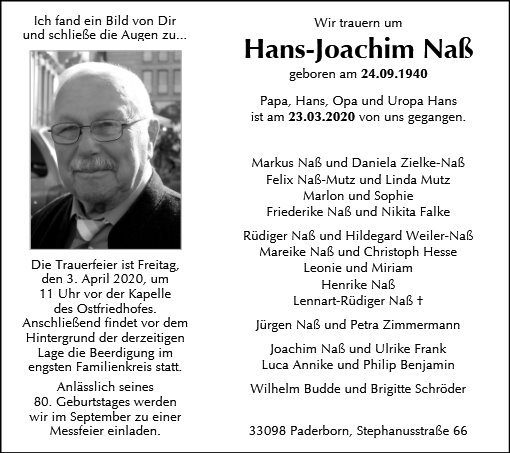 Erinnerungsbild für Hans Joachim Naß