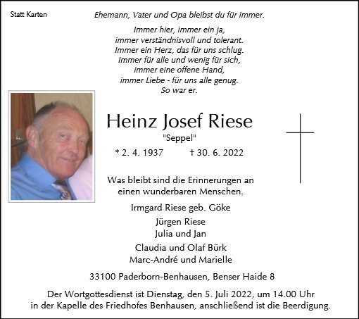 Erinnerungsbild für Heinz Josef Riese