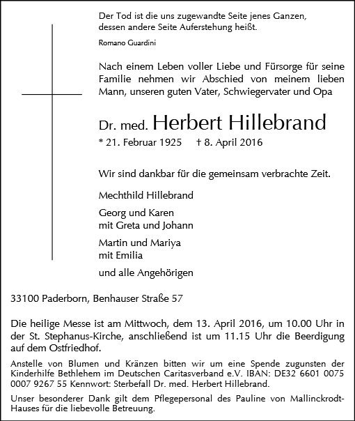 Erinnerungsbild für Dr. med. Herbert Hillebrand
