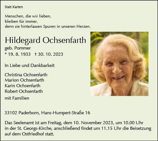 Erinnerungsbild für Hildegard Ochsenfarth