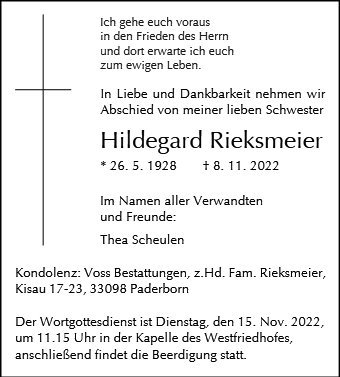Erinnerungsbild für Hildegard Rieksmeier