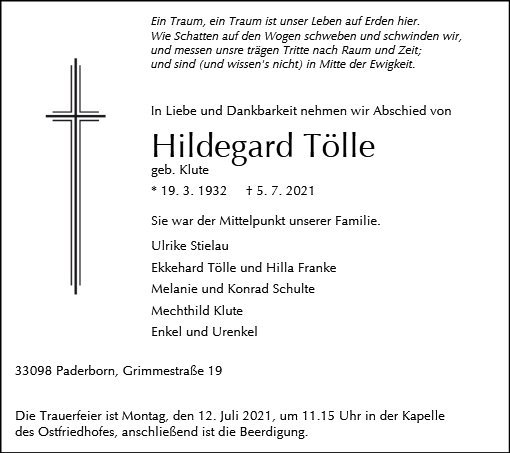 Erinnerungsbild für Hildegard Tölle