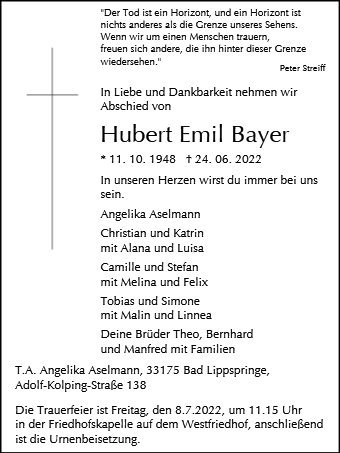 Erinnerungsbild für Hubert Emil Bayer
