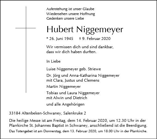 Erinnerungsbild für Hubert Niggemeyer