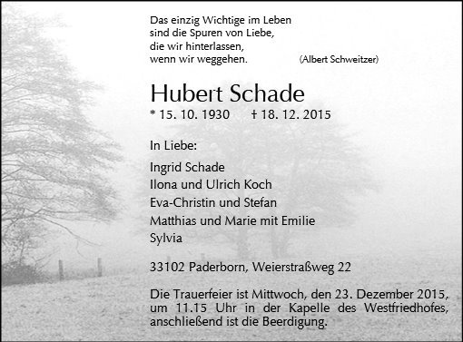 Erinnerungsbild für Hubert Schade