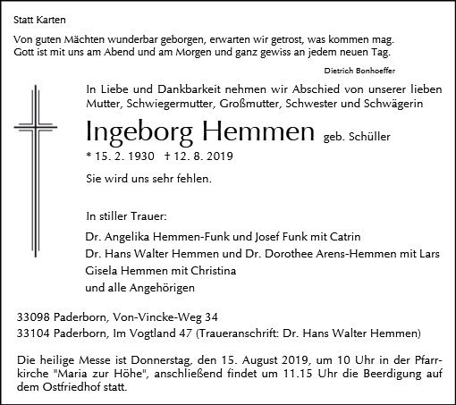 Erinnerungsbild für Ingeborg Hemmen