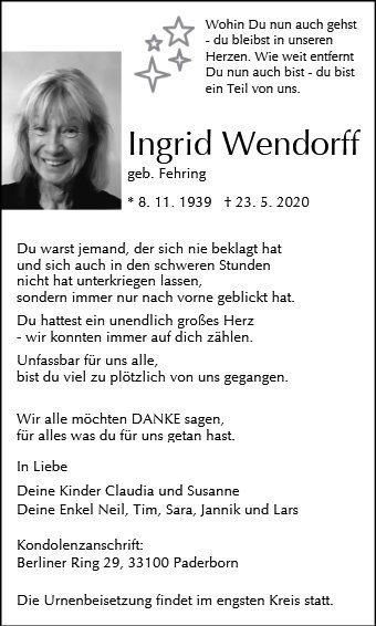Erinnerungsbild für Ingrid Wendorff