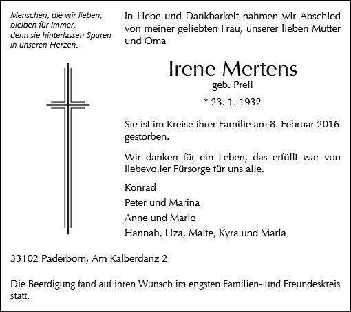 Erinnerungsbild für Irene Mertens