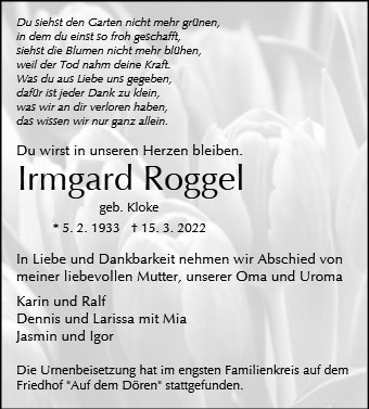 Erinnerungsbild für Irmgard Roggel