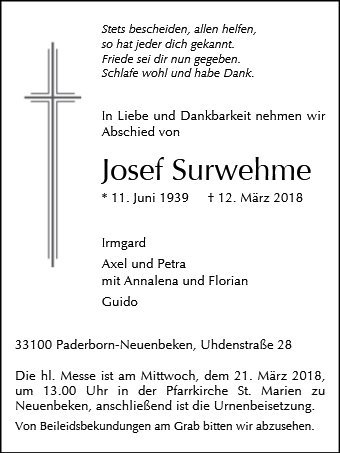 Erinnerungsbild für Josef Surwehme