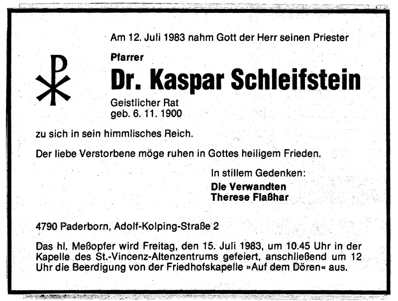 Erinnerungsbild für Pfarrer Dr. Kaspar Schleifstein