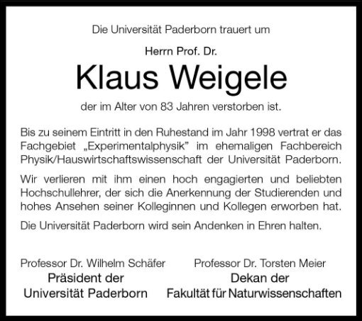 Erinnerungsbild für Prof. Dr. rer. nat.  Klaus Weigele