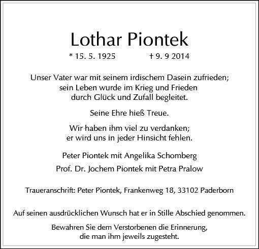 Erinnerungsbild für Lothar Piontek