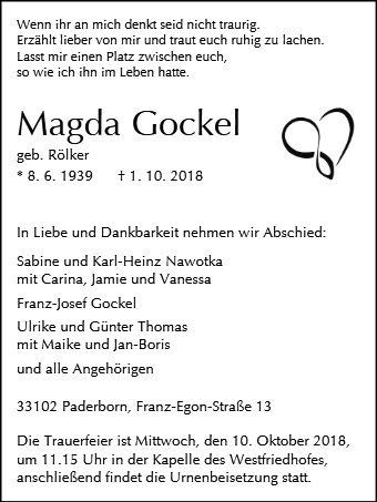 Erinnerungsbild für Magda Gockel
