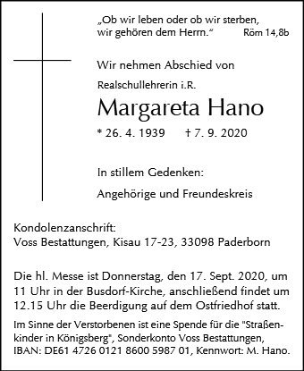 Erinnerungsbild für Margareta Hano